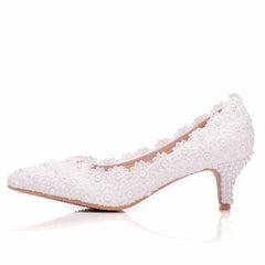 Crystal Queen White Lace Wedding Shoes 5CM Thick kitten Heel Shoes