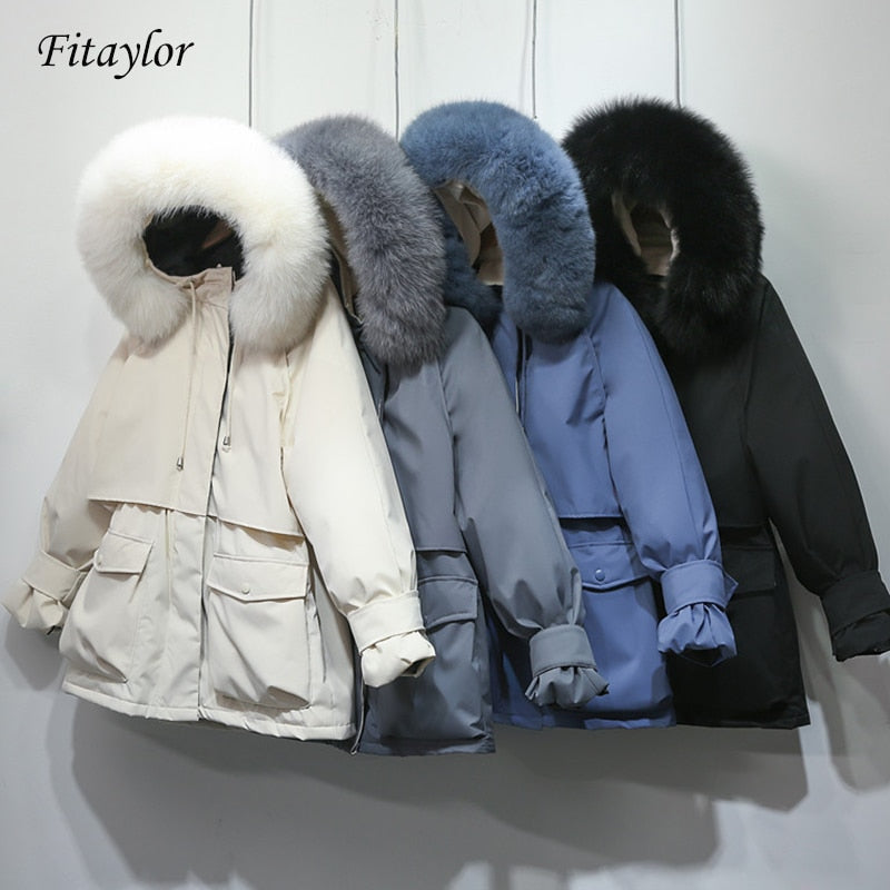 Fitaylor Winter Jacket Women Large Natural Fur White Down Coat