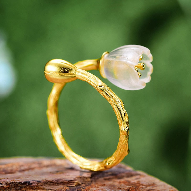 Lotus Fun Real 925 Sterling Silver 18k Gold Ring Natural Crystal Handmade