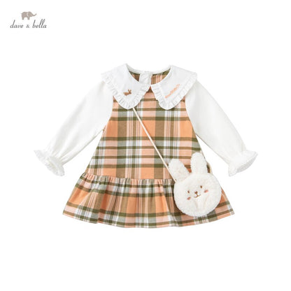 dave bella autumn baby girl fashion plaid draped dress with a small bag party dress kids