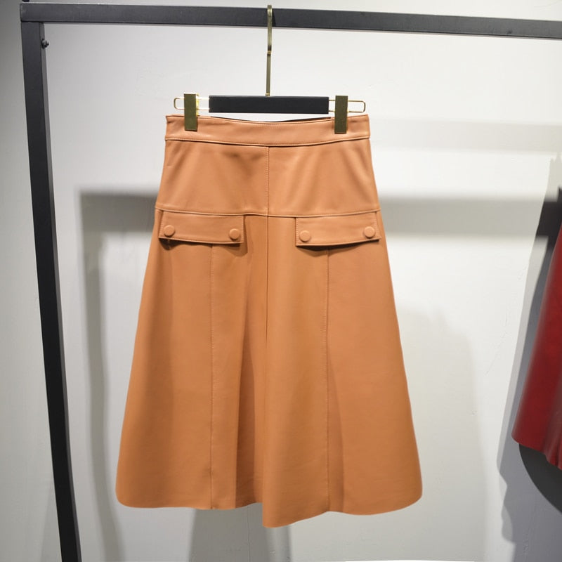 Woman Genuine Leather Skirts Female Elegant High Waist A Line Saia Mujer Over