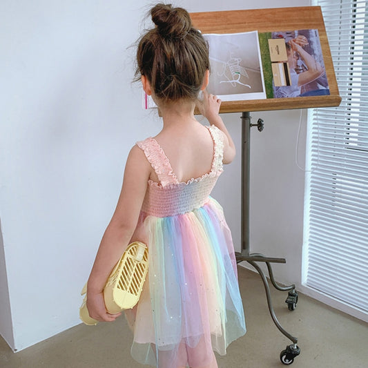 Girls Dress Rainbow Crumpled Mesh Suspender Princess Party Dress