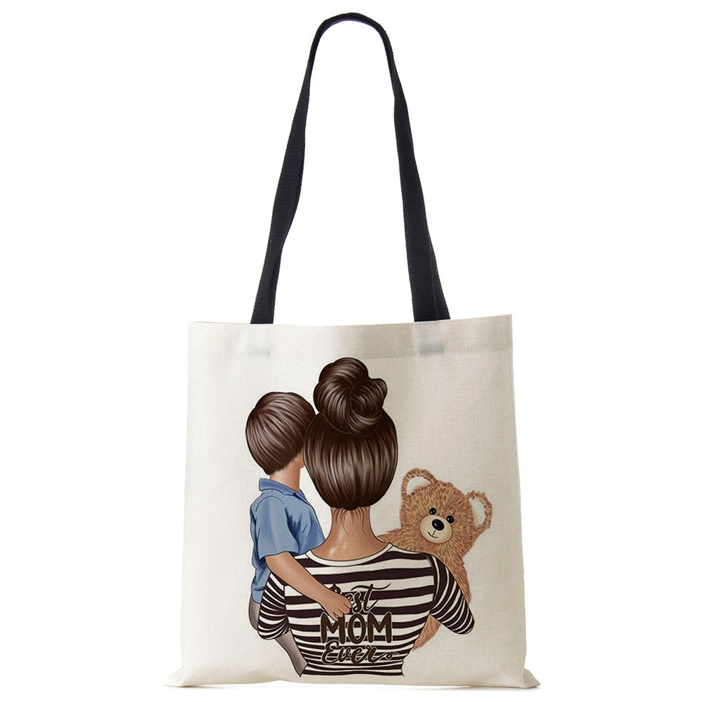 Cute Cartoon Super Mama Print Linen Tote Bag Reusable Shoulder Bags Mom