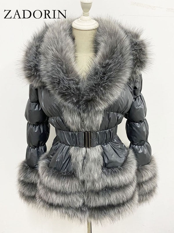 Winter Warm Detachable Down Jacket Women Furry FAUX Fur