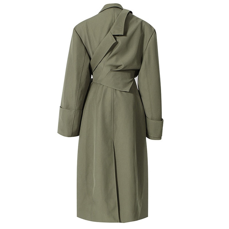 Women Green Irregular Big Size Trench Lapel Long Sleeve Loose