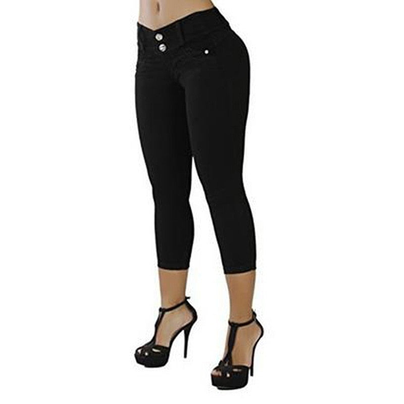 Women Casual Cropped Pants Solid Color Button Fly Waist Slim