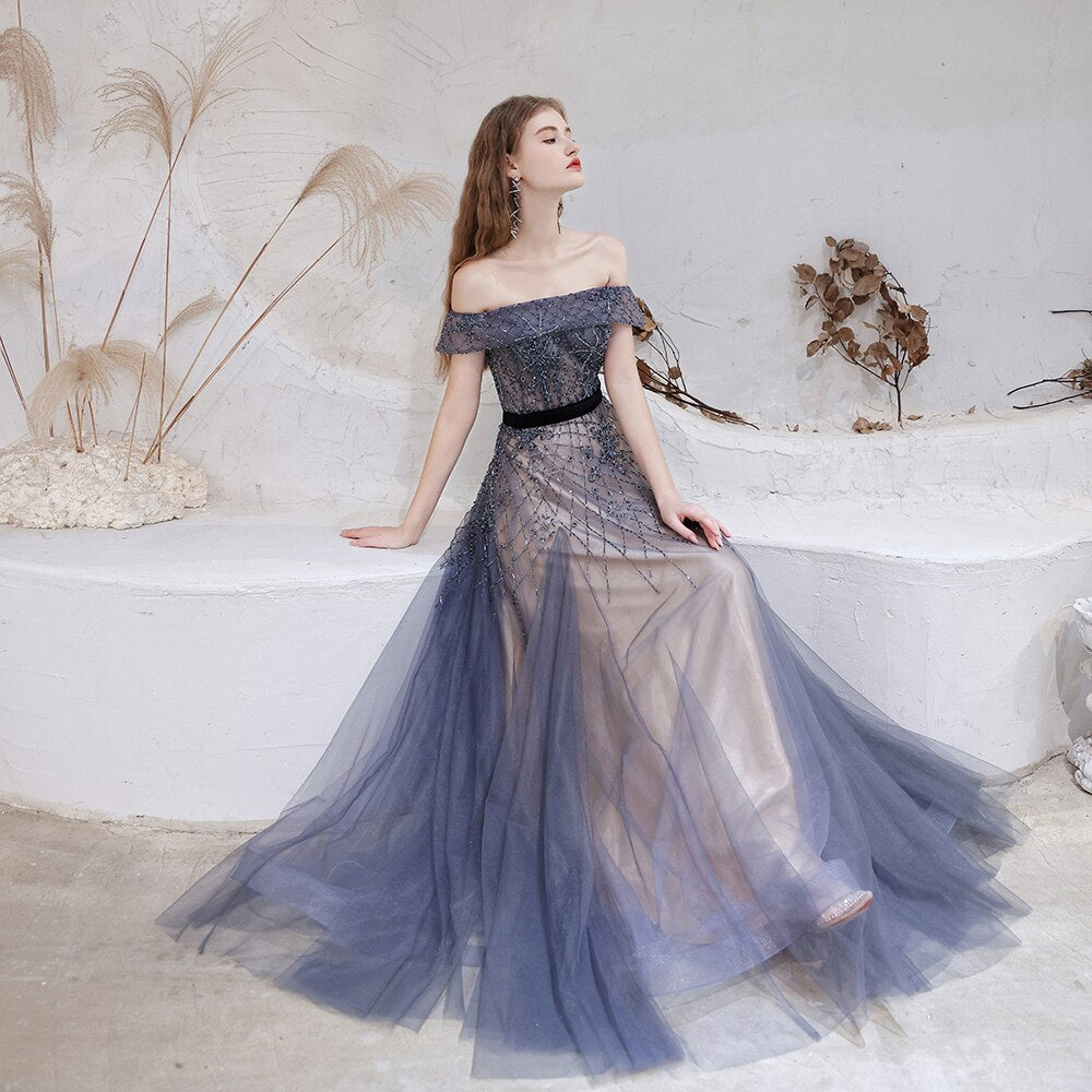 Evening wear Dresses: Blue Evening Dresses Luxury Beaded Beading