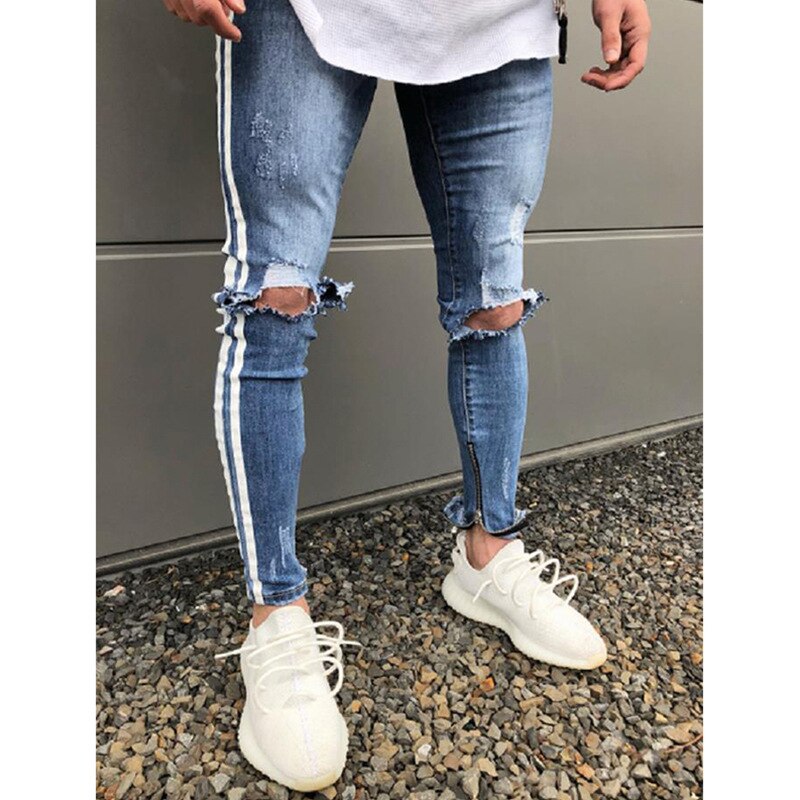 Skinny Jeans Men Hip Hop Stripe Elastic Slim Fit Denim Pants Male Stretchy Pencil