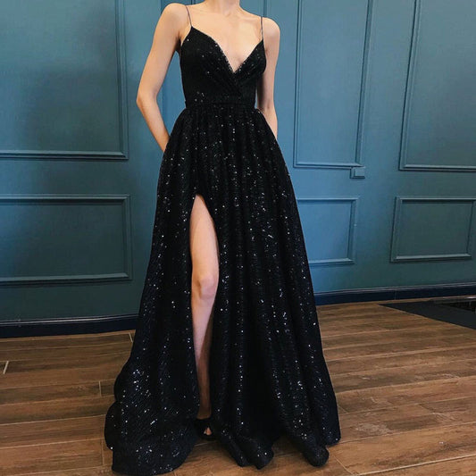 Black V-neck Prom Party Evening Dresses Vestido De Noiva Sereia Robe De Soiree
