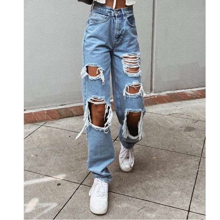 Womens Ripped Loose Fit Jeans Wide Leg For Women High Waist Blue Wash