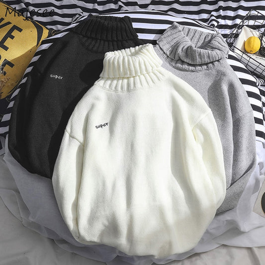 Turtleneck Sweater Men Winter Letter Casual Long Sleeve Top Mens Sweaters