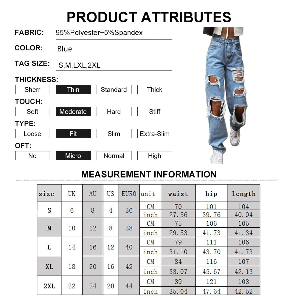 Womens Ripped Loose Fit Jeans Wide Leg For Women High Waist Blue Wash