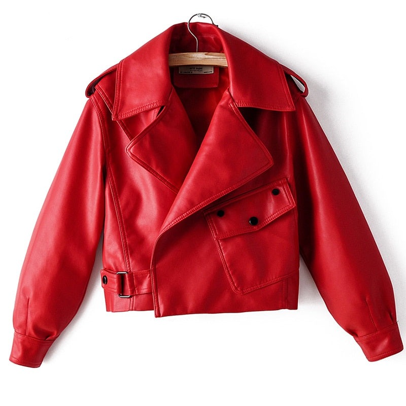 Fitaylor Autumn Women Faux Leather Jacket Pu Motorcycle Biker Red Coat
