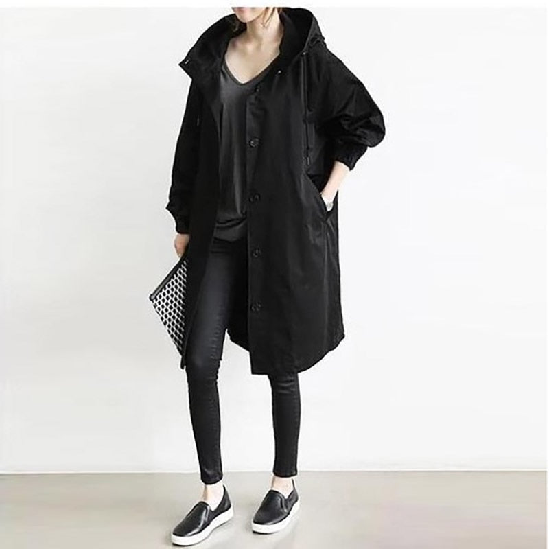 Fashion Womens Trench Coats Hooded Long Spring Autumn Windproof