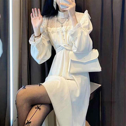 French Lace Vintage Dress Women Fashion Puffer Sleeve Elegant One Piece Dress