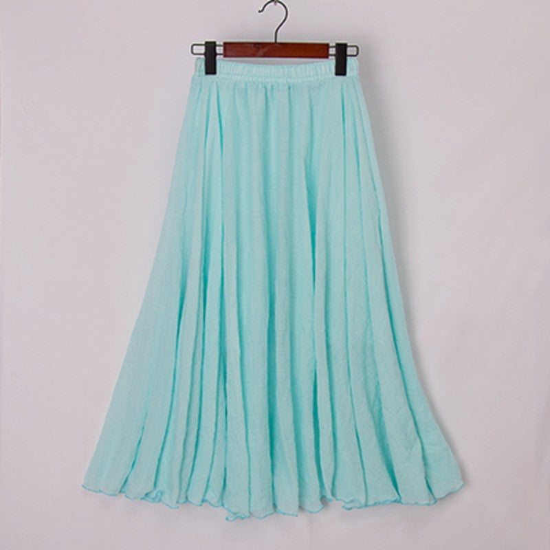 Cotton Linen Maxi Skirt Womens Casual Elastic High Waist Pleated