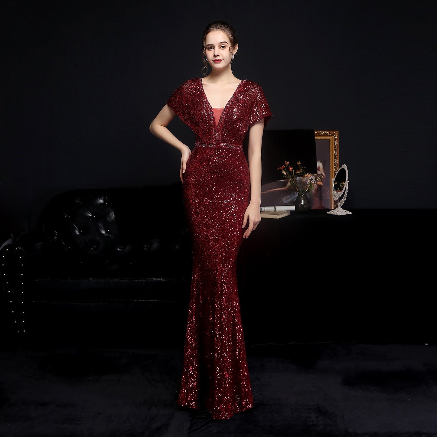 Evening wear Dresses: Elegant Gold Sequin Dress for Women Evening Dress with Beads