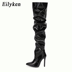 Patent Leather Motorcycle Over The Knee Boots Women Fashion Pointed Toe