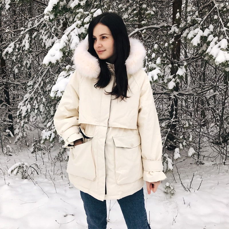 Winter Jacket Women Large Natural Fur White Down Coat