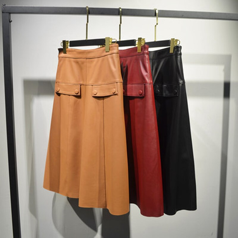 Woman Genuine Leather Skirts Female Elegant High Waist A Line Saia Mujer Over