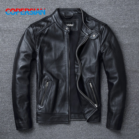 Top Layer Cowhide Slim Fit Stand Collar Motorcycle Suit Men Leather Jacket