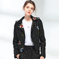 Ftlzz Women Floral Print Embroidery Faux Soft Leather Jacket Coat