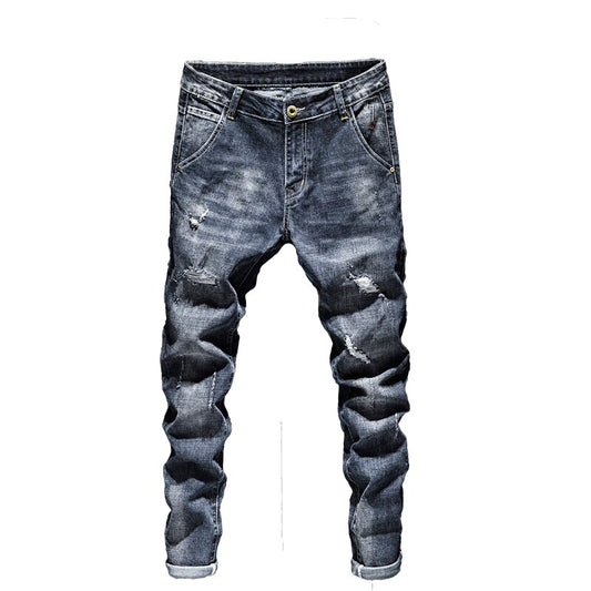 Biker Jeans Men Dark Blue Stretch Slim Fit Ripped Distressed Streetwear Denim