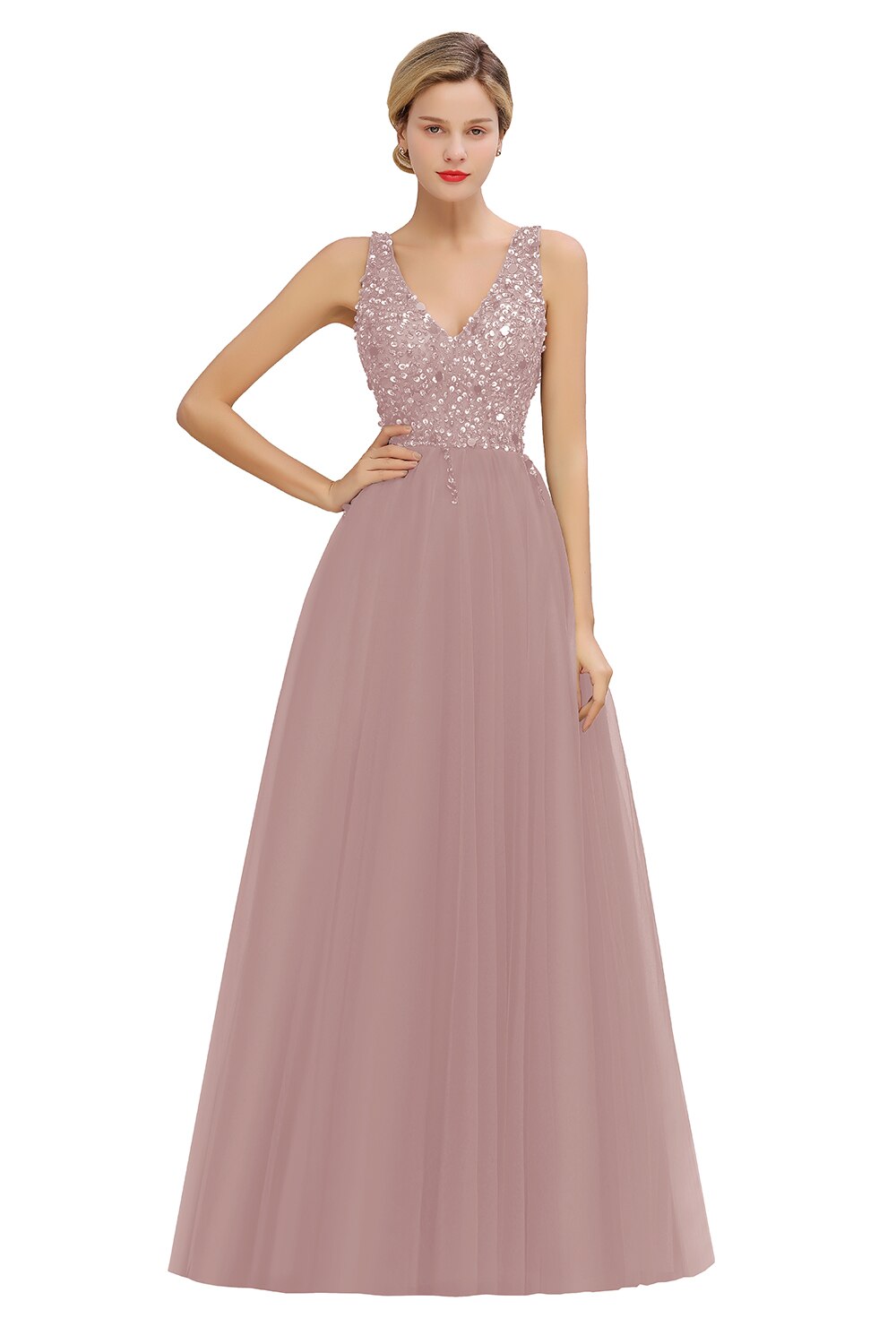 Homecoming Dresses: V-neck Prom Dresses Long Backless Sequins Prom