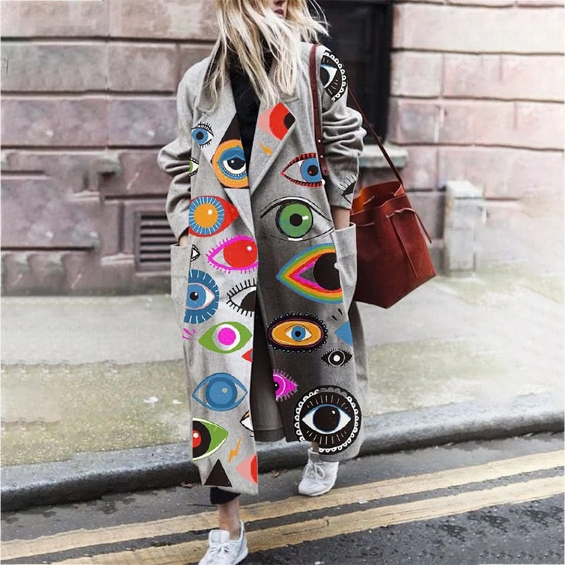 Fall Winter Elegant Women Fashion Lapel Collar Button Long Tops Outwear