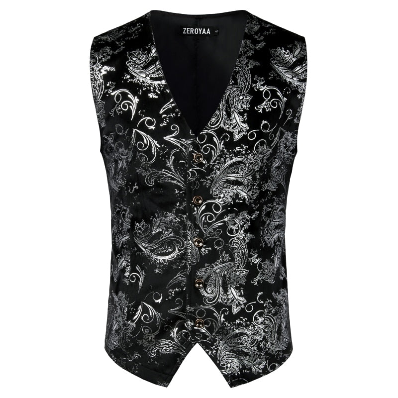 Mens Gold Metallic Paisley Printed Steampunk Vest Single Breasted V Neck