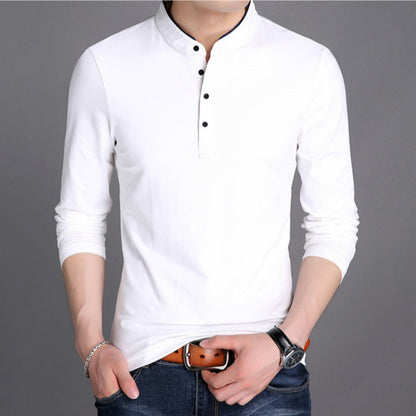 Spring Men Long Sleeve T Shirts Half Buttons Stand Collar Cotton