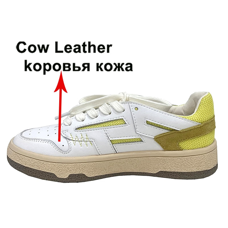 Sneakers Genuine Leather Shoes Woman Flat Lace up Shoes Round Toe