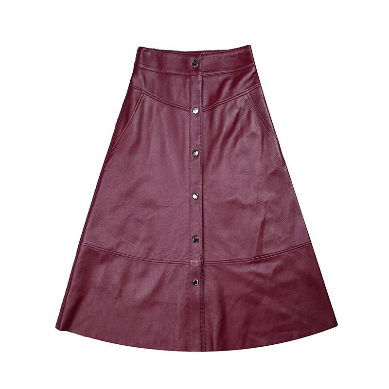 Women Maxi Skirt Femme Genuine Leather Side Pocket Buttons A-line