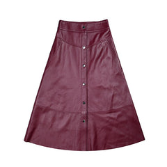 Women Maxi Skirt Femme Genuine Leather Side Pocket Buttons A-line
