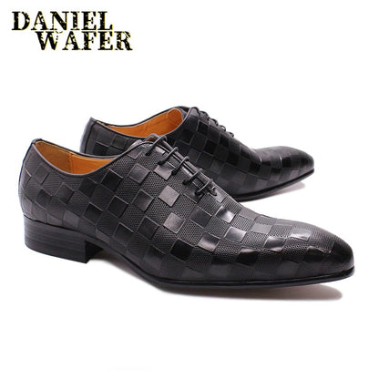 Luxury Italian Oxford Men Dress Shoes Fashion Hand-made Plaid