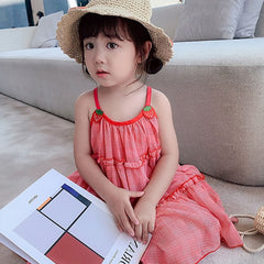 Summer Girls Dress Sweet Strawberry Net Yarn Suspender Dress Baby Kids Clothes