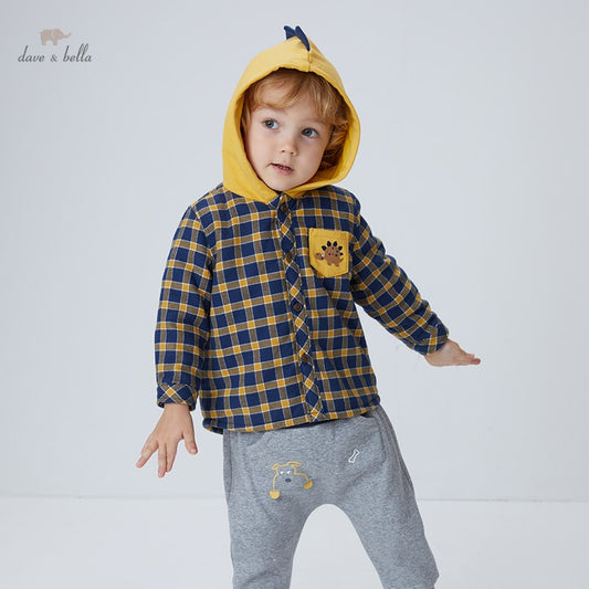 Autumn baby boys fashion cartoon plaid hooded pockets coat