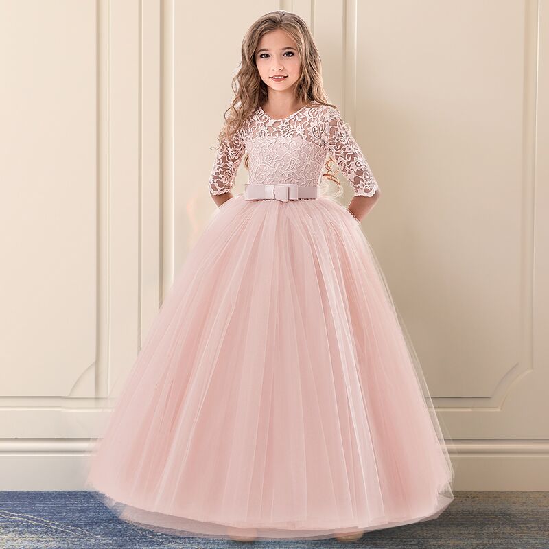 Vintage Flower Girl Princess Dress For Weddings Summer Kid Formal Bow Long