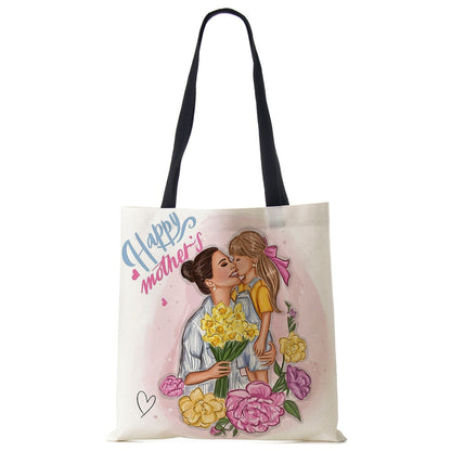 Cute Cartoon Super Mama Print Linen Tote Bag Reusable Shoulder Bags Mom