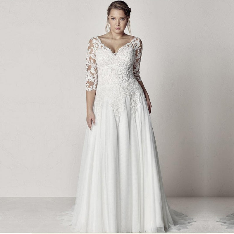 White Bridesmaid Dresses: A-line Plus Size Wedding Dress With Sleeve Lace Appliques