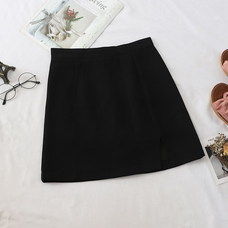 Spring Women Skirts Preppy Style A-line High-waist Split Mini Skirts