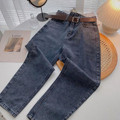 Straight Jeans Women with Belt Vintage Basic Blue Ankle-length Denim