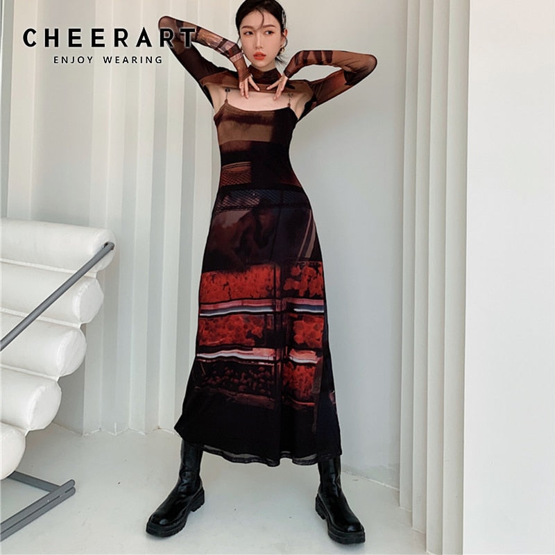 CHEERART 2 Piece Mesh Long Sleeve Punk Dress Women