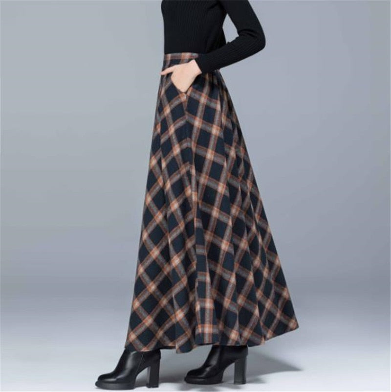 Mom High Waist Woolen plaid Skirts Autumn Winter Women Plus Size