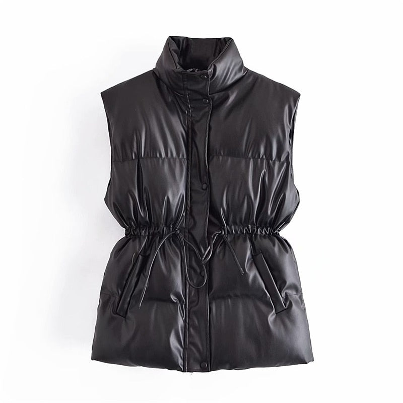 Fashion Leather Cotton Pocket Padded Waistcoat Vintage Sleeveless
