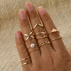 Women Twist Pearl Pearl Rings Set Fashion Geometric Hollow Crystal Ring