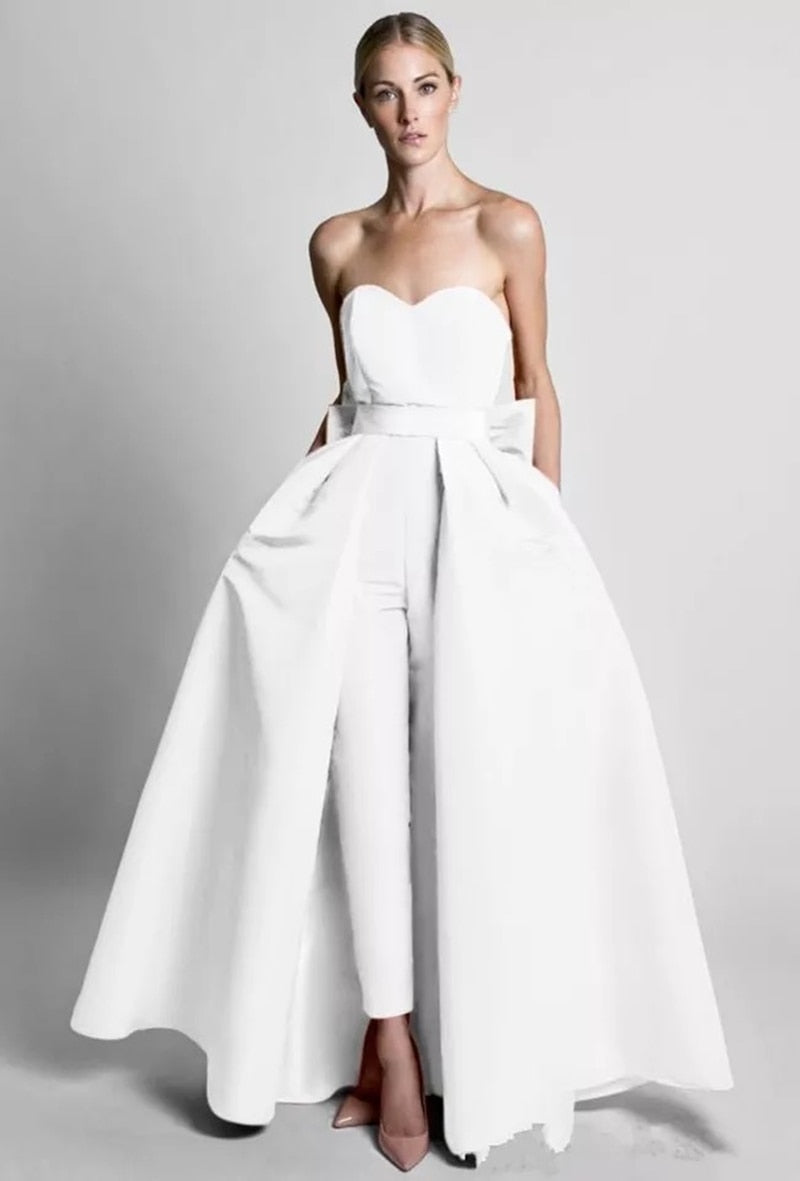Evening wear Dresses: Red Jumpsuit Detachable Skirt Sweetheart Formal Pants