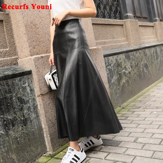 Maxi Skirt Winter Women Splendid Genuine Leather Flared Gonne Female Umbrella