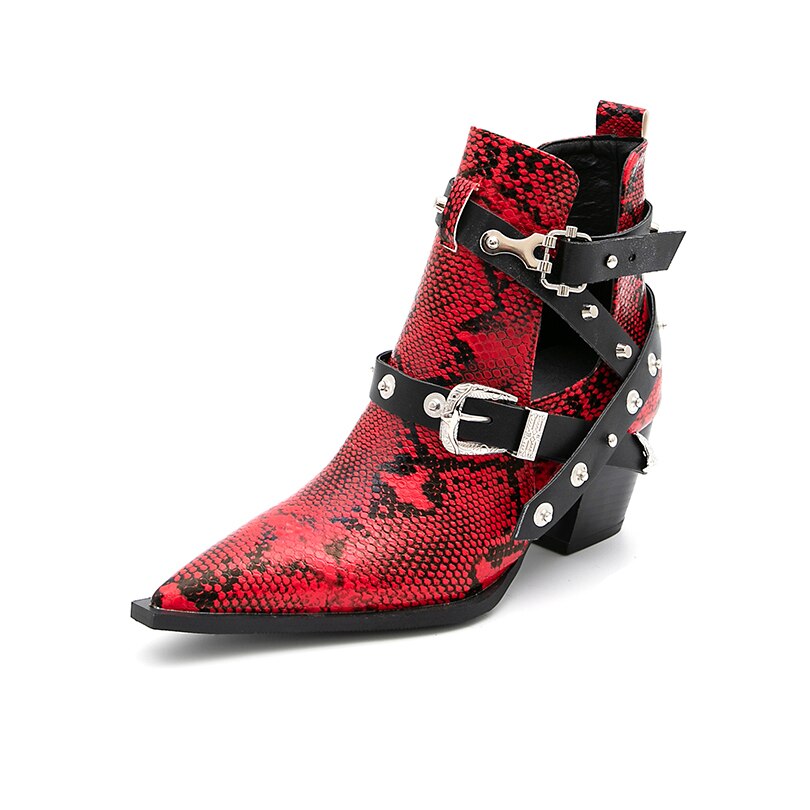 Motorcycle Western Cowboy Boots Women Snake PU Leather Short Cossacks