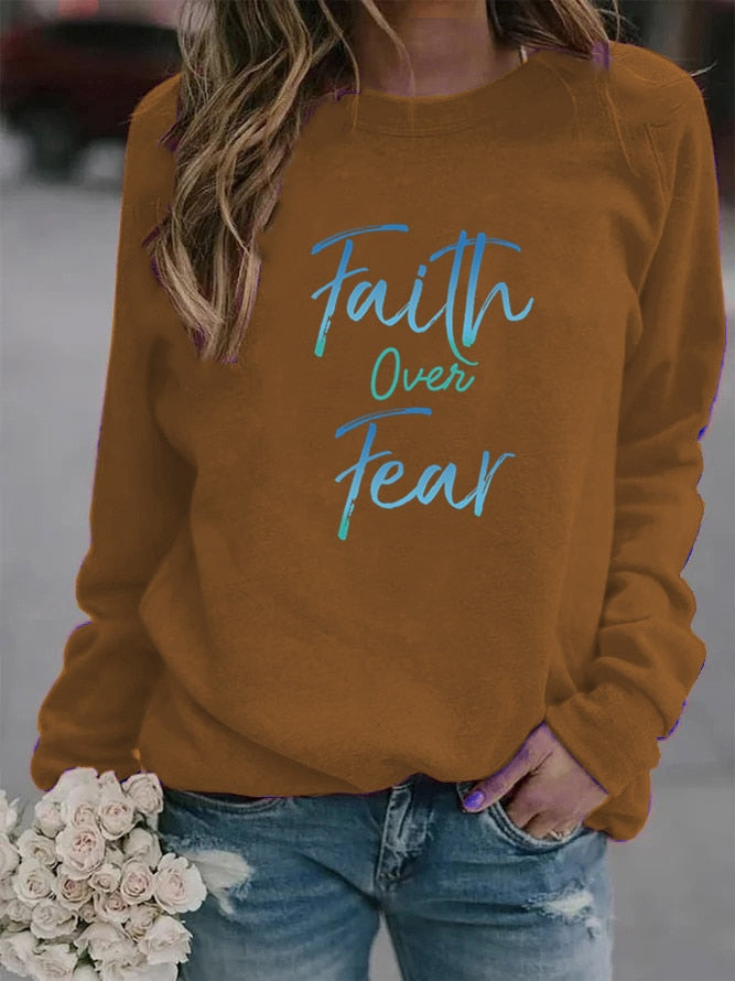 Women Hoodie Faith Over Fear Letter Printed Hoodies Women Fleece Long